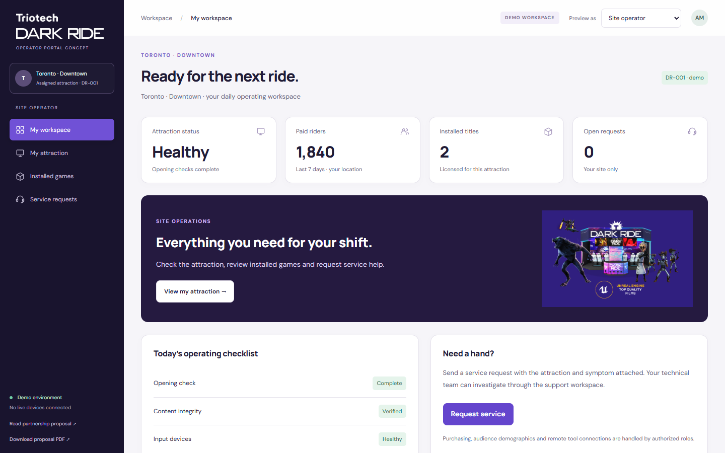 Site operator workspace. Synthetic status and activity data. Purchasing, audience reports and assistant setup controls are absent.
